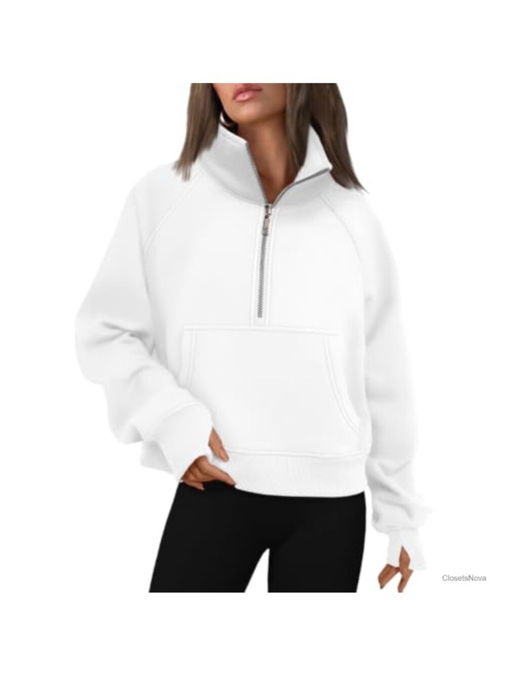 Womens Half Zip Fleece Pullover Sweatshirt Thumb Holes Kangaroo Pocket